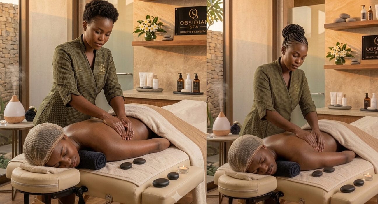 Therapist performing a therapeutic hot stone massage at Obsidian Spa Kilimani, Ole Dume Road, Nairobi