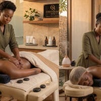 Therapist performing a therapeutic hot stone massage at Obsidian Spa Kilimani, Ole Dume Road, Nairobi