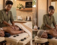 Therapist performing a therapeutic hot stone massage at Obsidian Spa Kilimani, Ole Dume Road, Nairobi