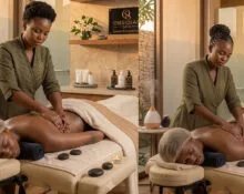 Therapist performing a therapeutic hot stone massage at Obsidian Spa Kilimani, Ole Dume Road, Nairobi