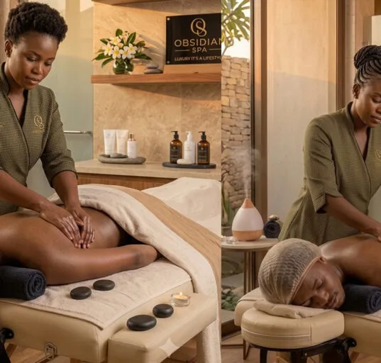 Therapist performing a therapeutic hot stone massage at Obsidian Spa Kilimani, Ole Dume Road, Nairobi