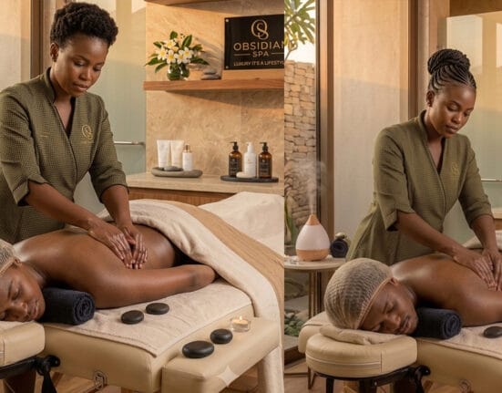 Therapist performing a therapeutic hot stone massage at Obsidian Spa Kilimani, Ole Dume Road, Nairobi