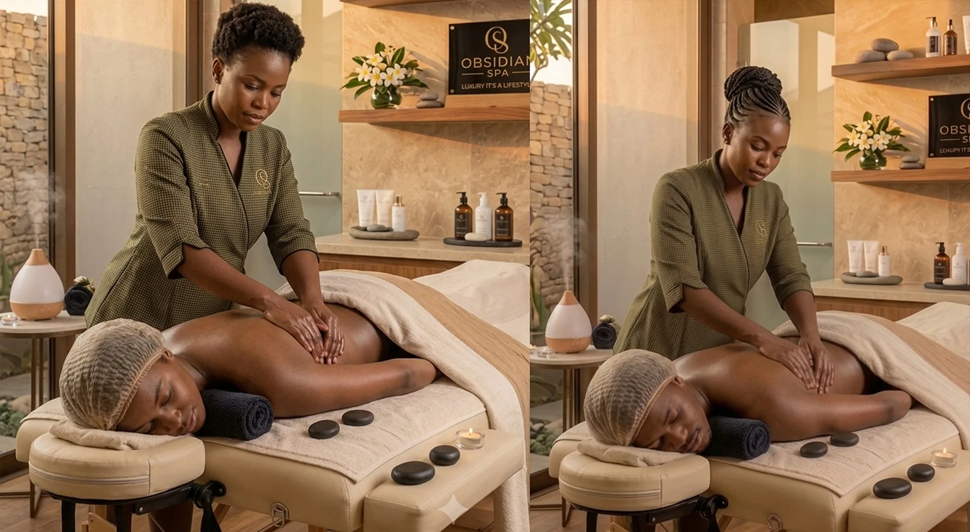 Therapist performing a therapeutic hot stone massage at Obsidian Spa Kilimani, Ole Dume Road, Nairobi